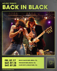 back in black ac/dc tribute live music in buda, tx at buck's backyard graphic