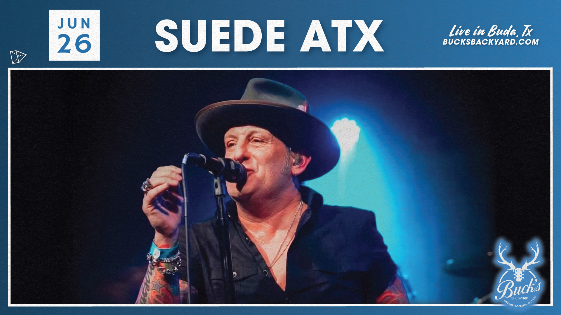 suede atx cover band live at bucks in buda, tx graphic